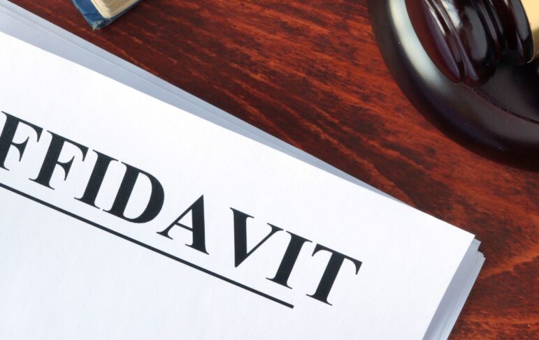 a stack of papers on a table covered in a red cloth. the top paper says "affidavit" at the top